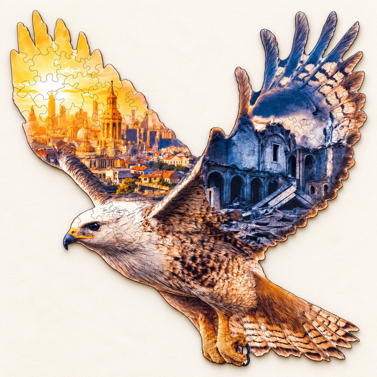 Eagle of Two Horizons Wooden Jigsaw Puzzle – Golden City & Ruins Art