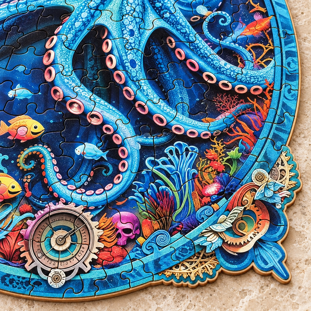 Azure Abyss Wooden Jigsaw Puzzle – Octopus & Ornate Underwater Art