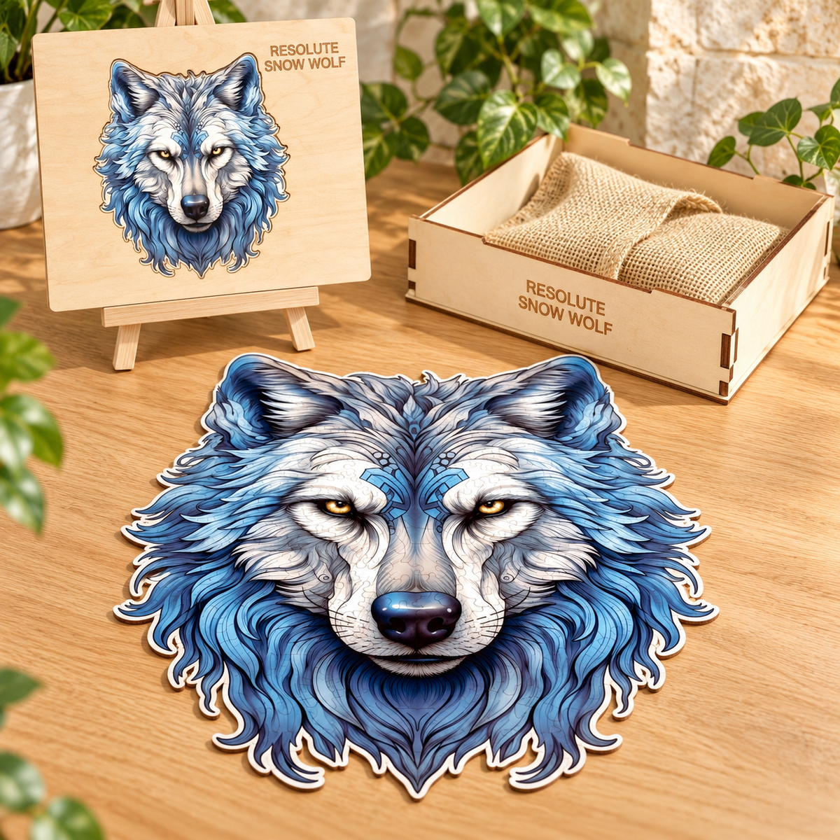 Frost Guardian Wooden Jigsaw Puzzle – Blue Wolf Portrait with Golden Eyes