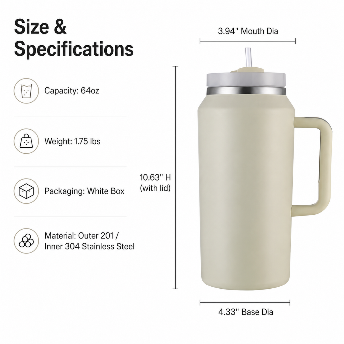 64oz Stainless Steel Handle Water Tumbler