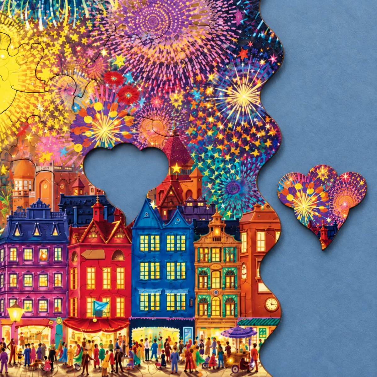 Festival Lights Wooden Jigsaw Puzzle – Fireworks Skyline & Colorful Waterfront City