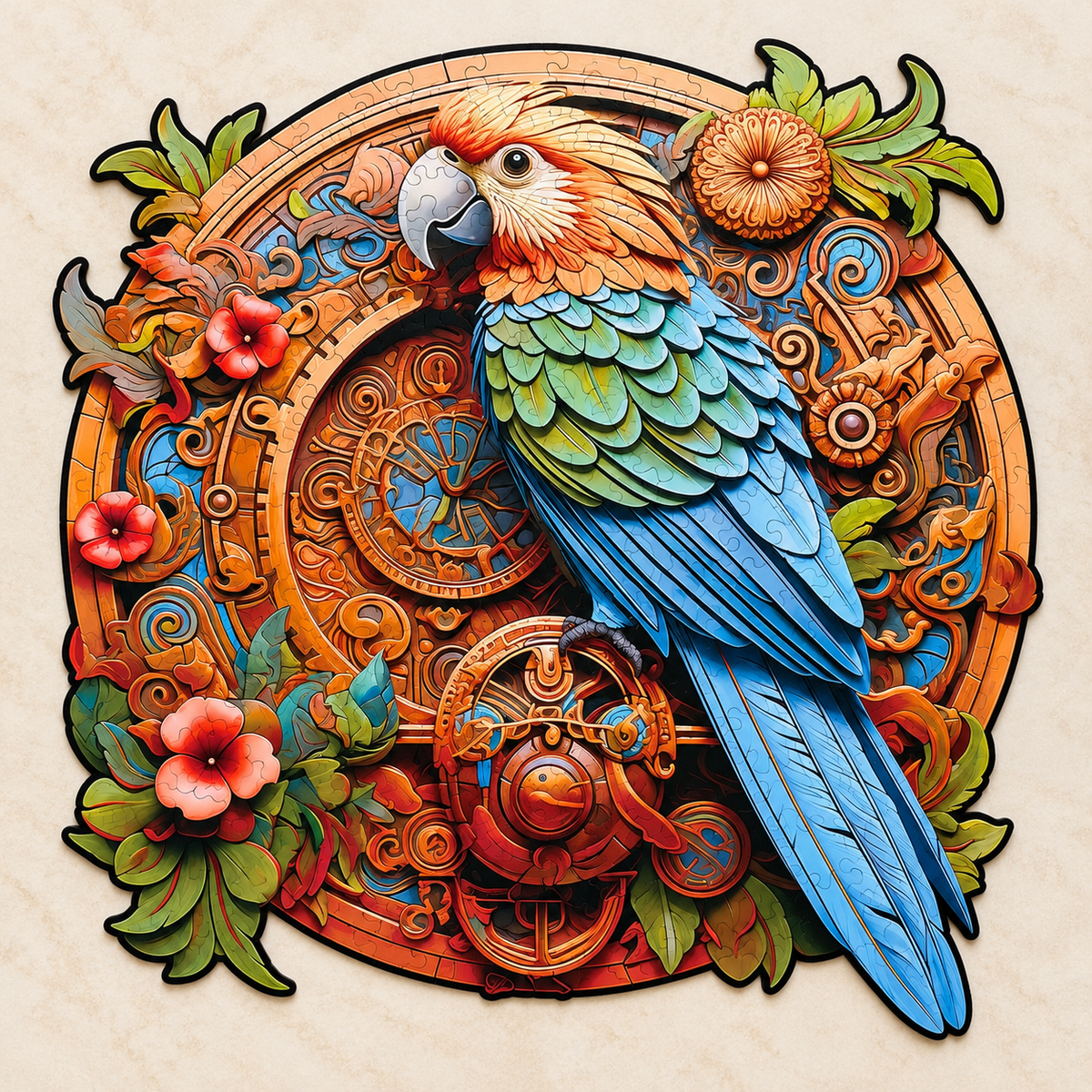 Clockwork Wings Wooden Jigsaw Puzzle – Colorful Parrot & Ornate Gear Art