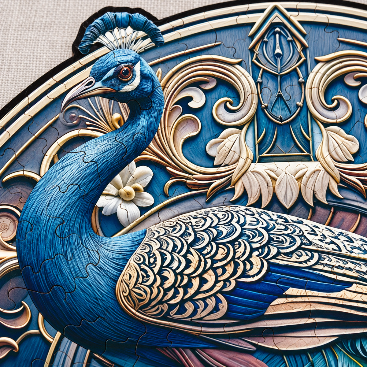 Gilded Plumage Wooden Jigsaw Puzzle – Vintage Peacock & Ornate Floral Art
