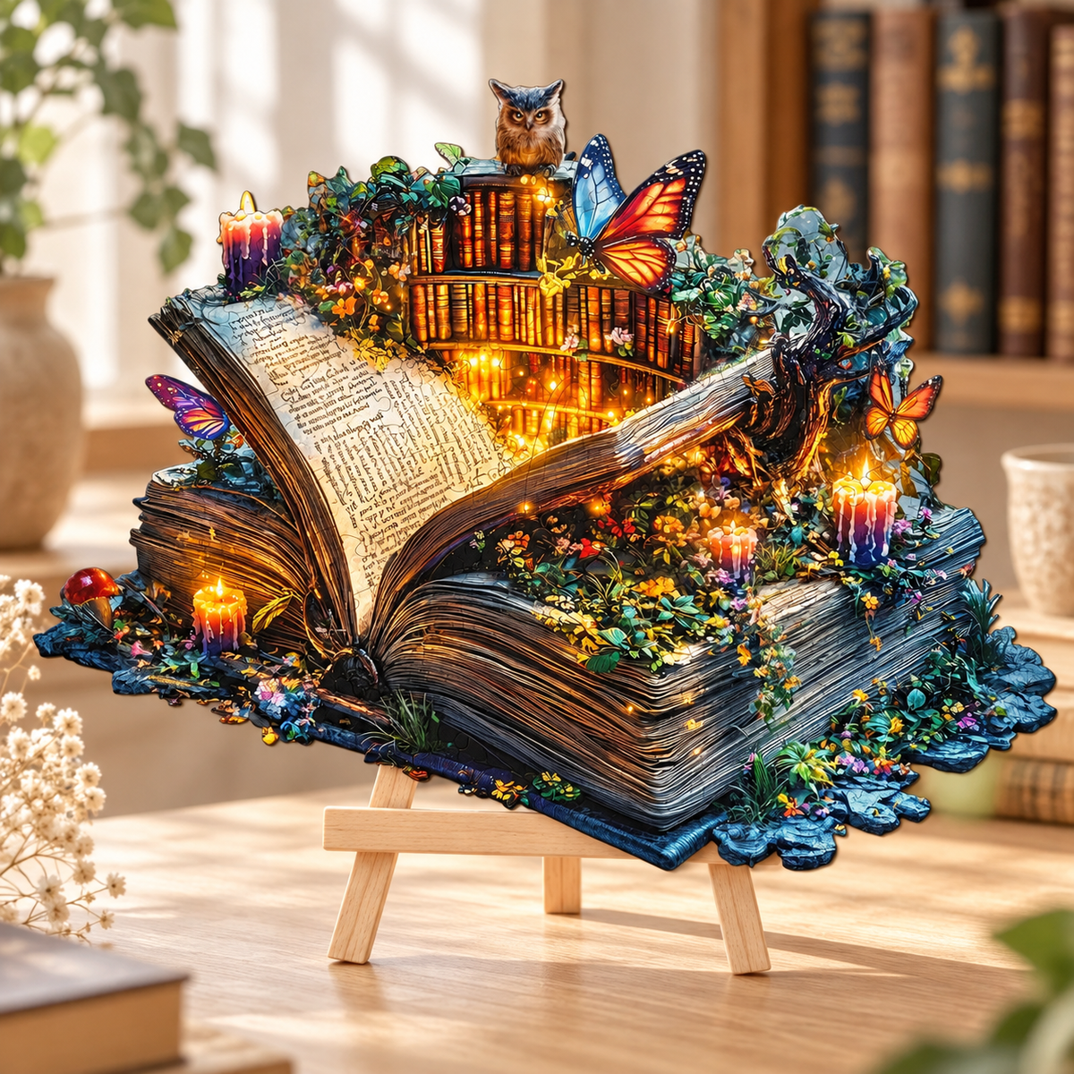 Enchanted Library Wooden Jigsaw Puzzle – Owl & Butterfly Book Art