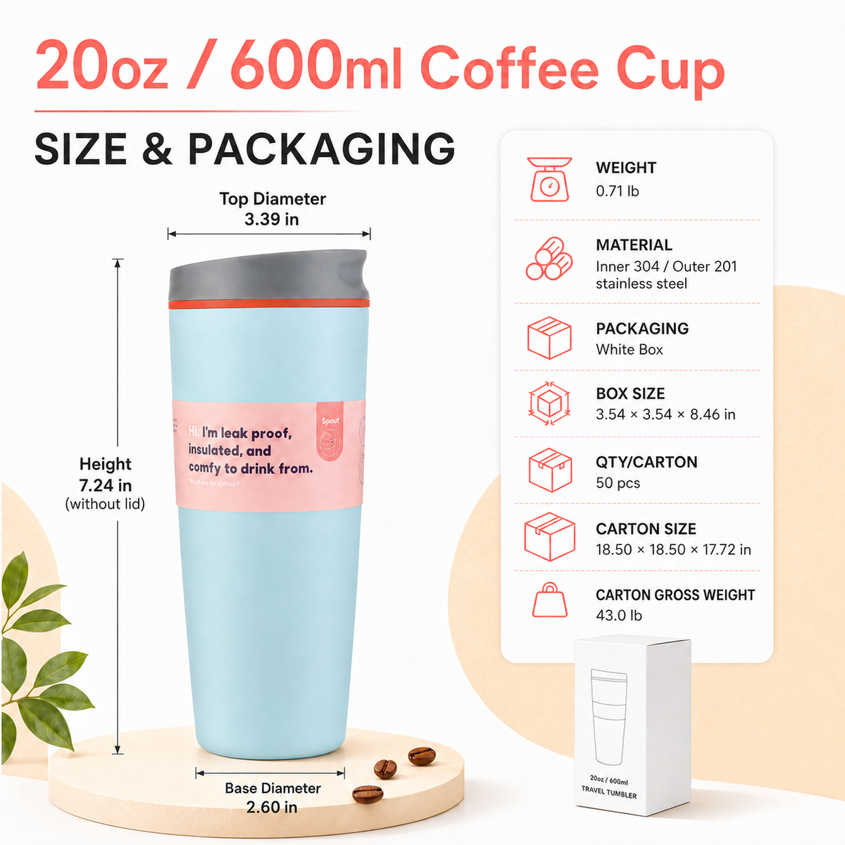 20oz Insulated Stainless Steel Coffee Tumbler Custom Logo