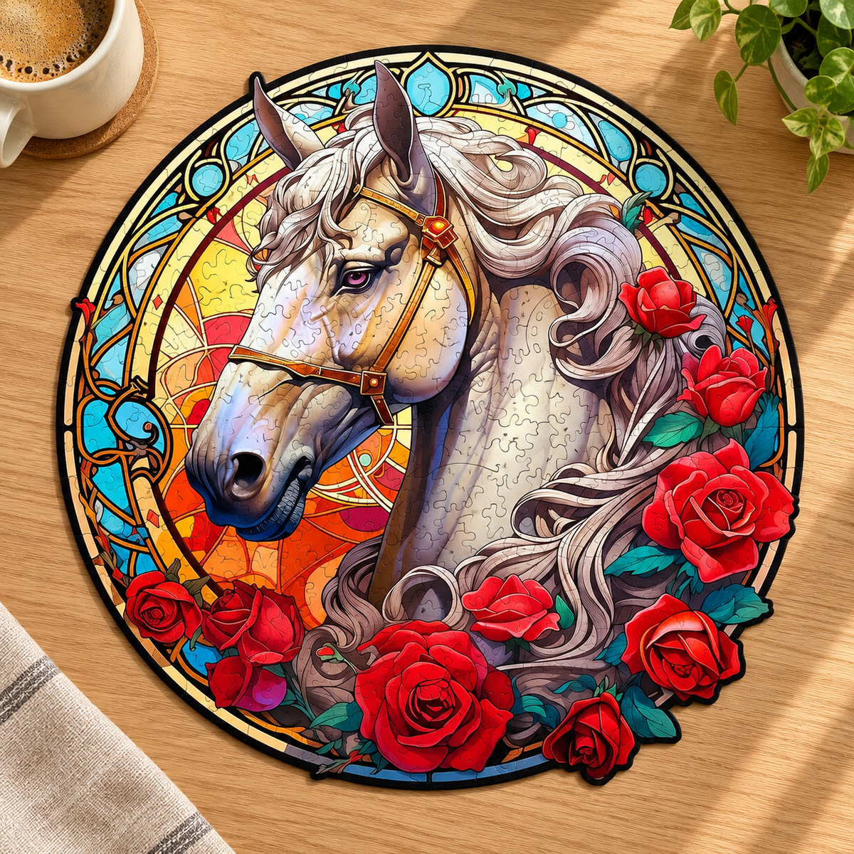 White Horse & Red Roses Wooden Jigsaw Puzzle – Stained Glass Style Portrait