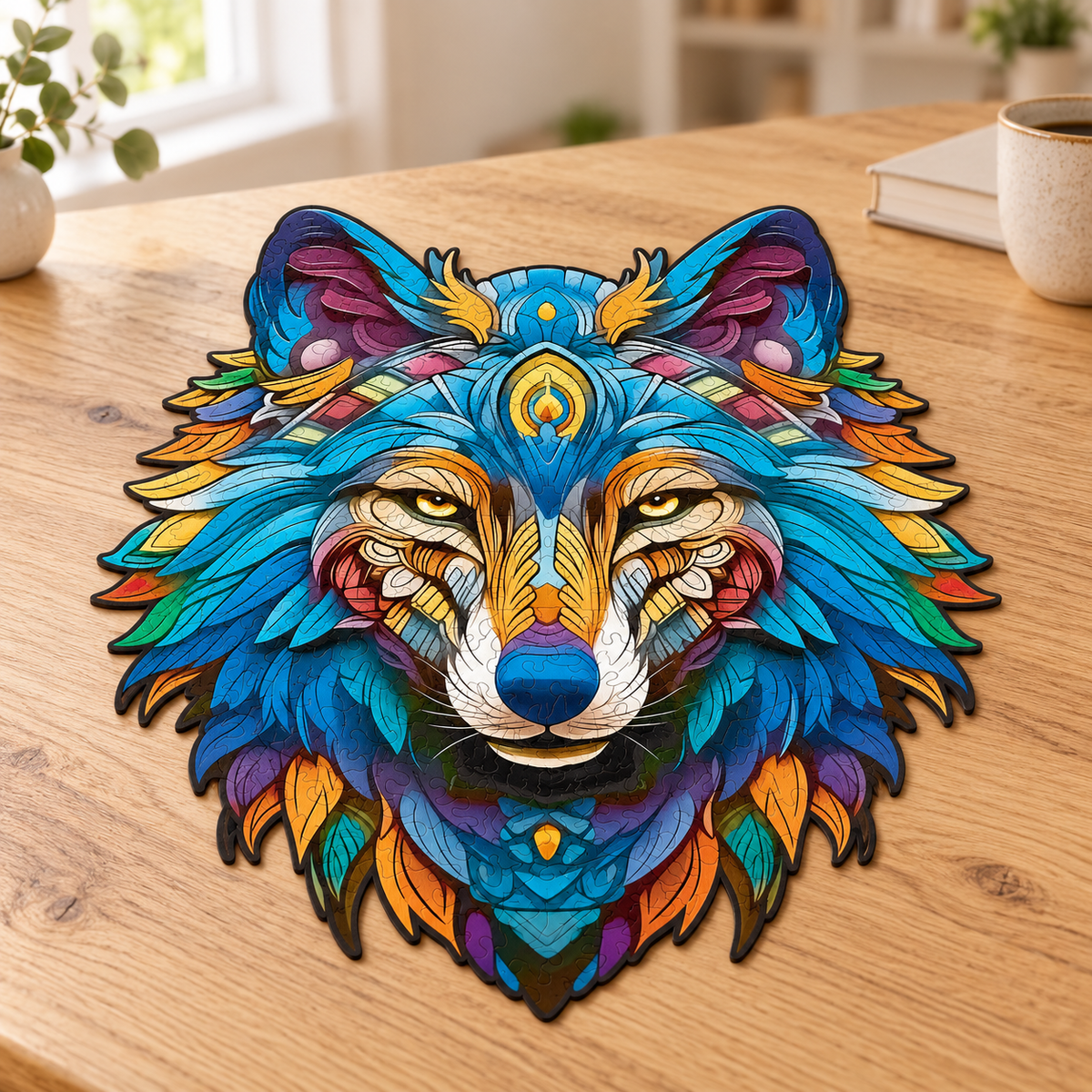 Wild Spirit Wooden Jigsaw Puzzle – Colorful Wolf Portrait & Ornamental Art