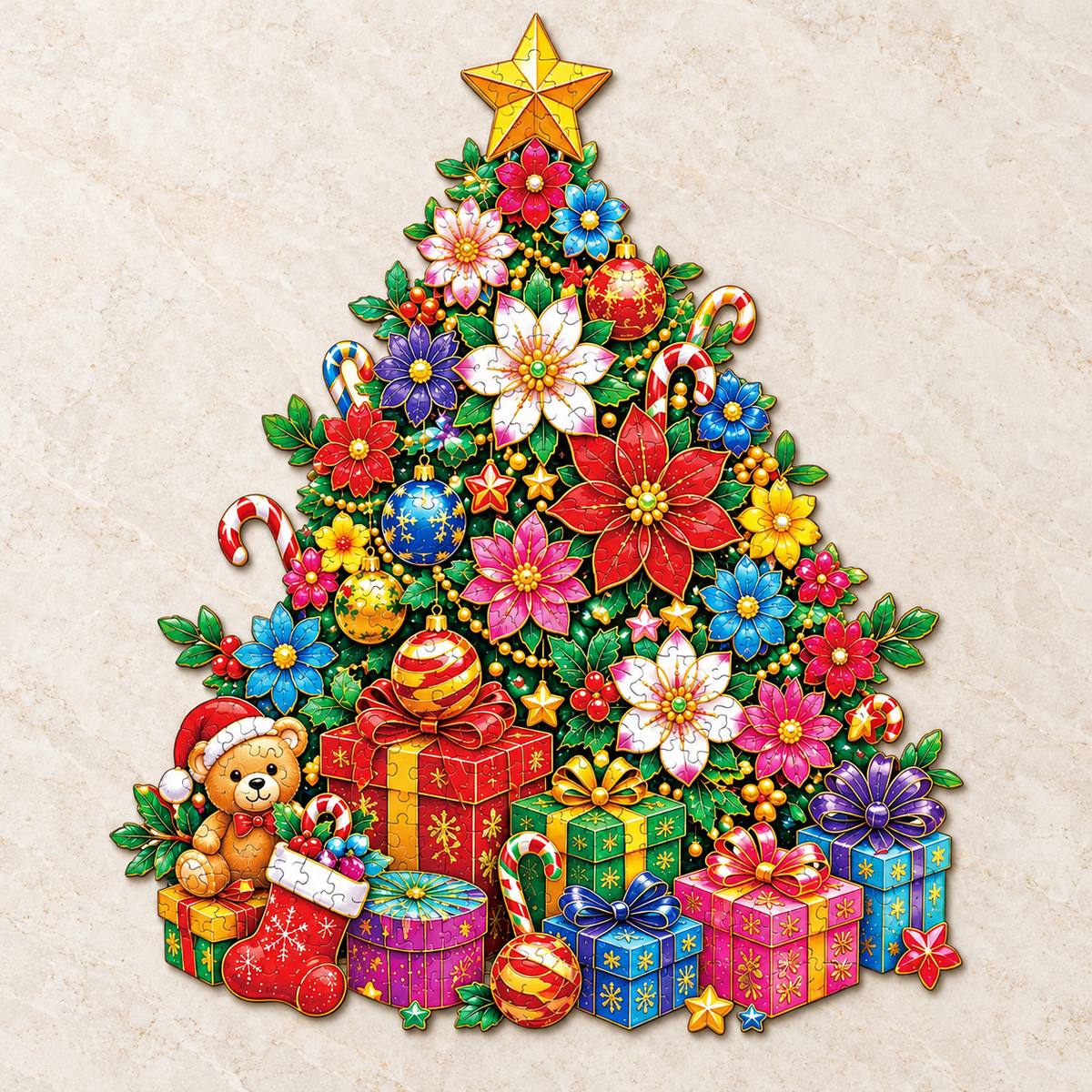 Festive Blossom Christmas Tree Wooden Jigsaw Puzzle – Flowers, Ornaments & Gifts