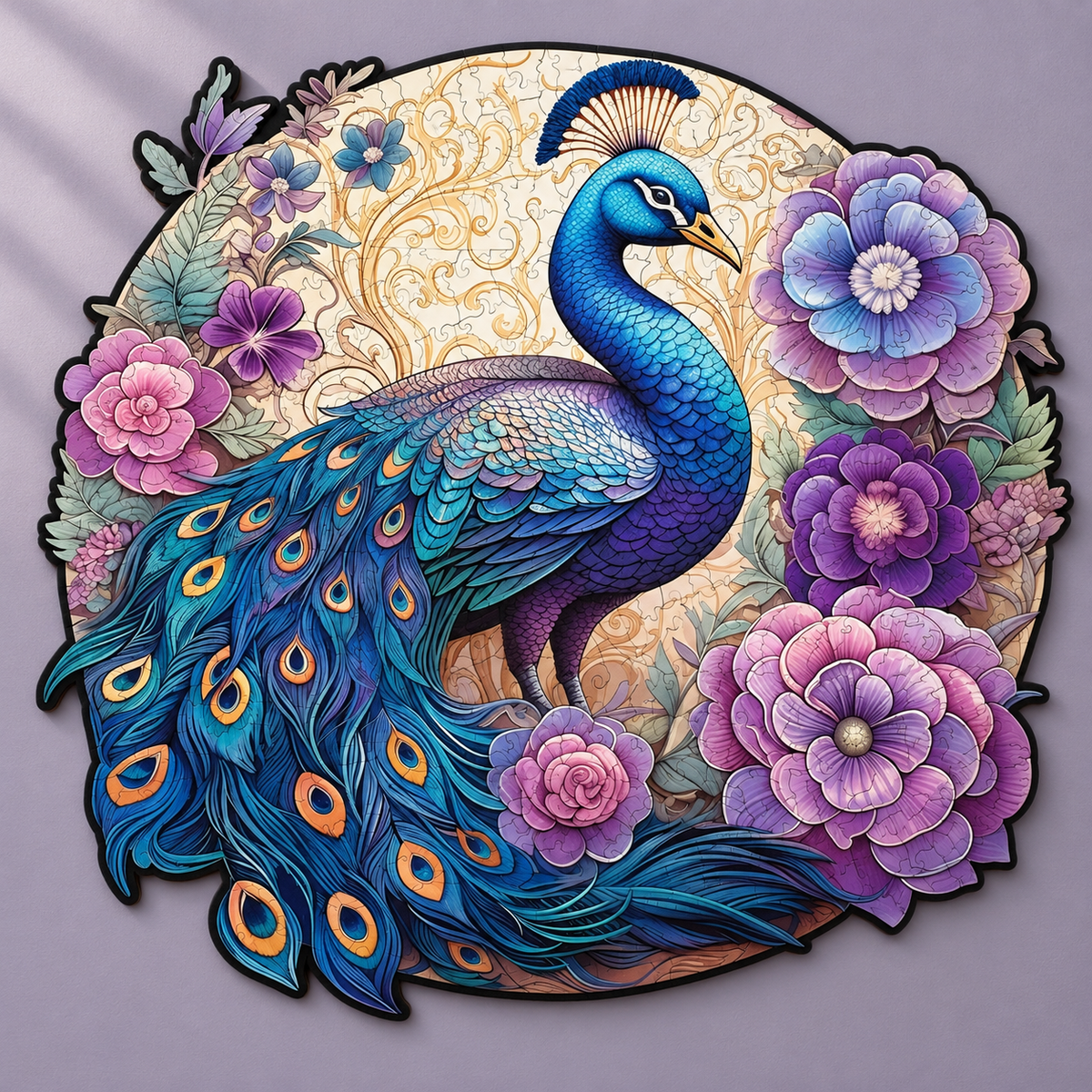Peacock in Bloom Wooden Jigsaw Puzzle – Blue Feathers & Purple Floral Art