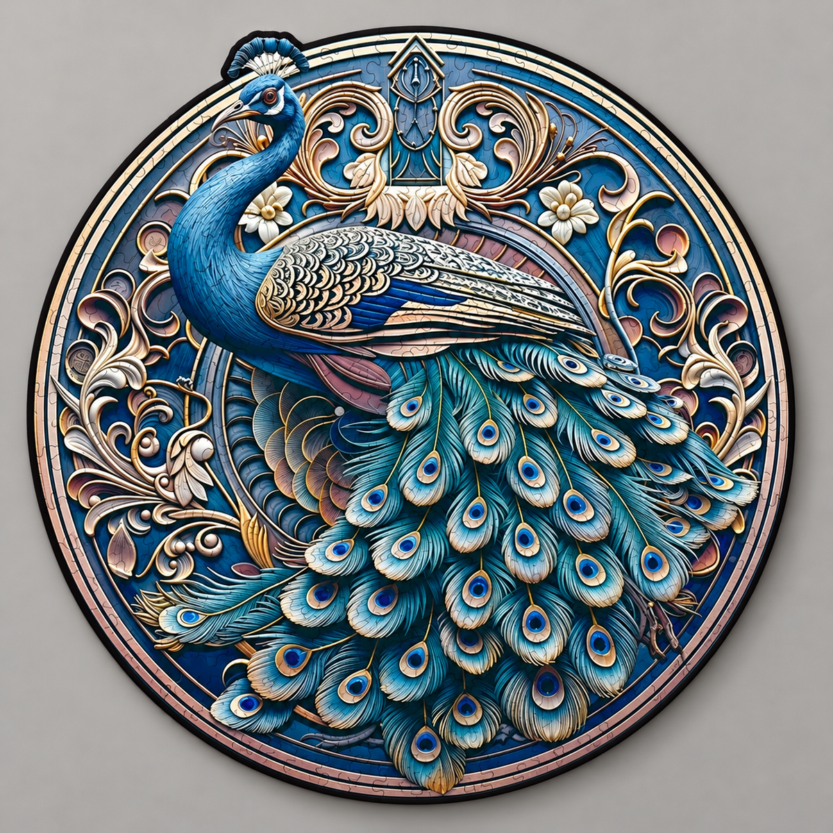 Gilded Plumage Wooden Jigsaw Puzzle – Vintage Peacock & Ornate Floral Art