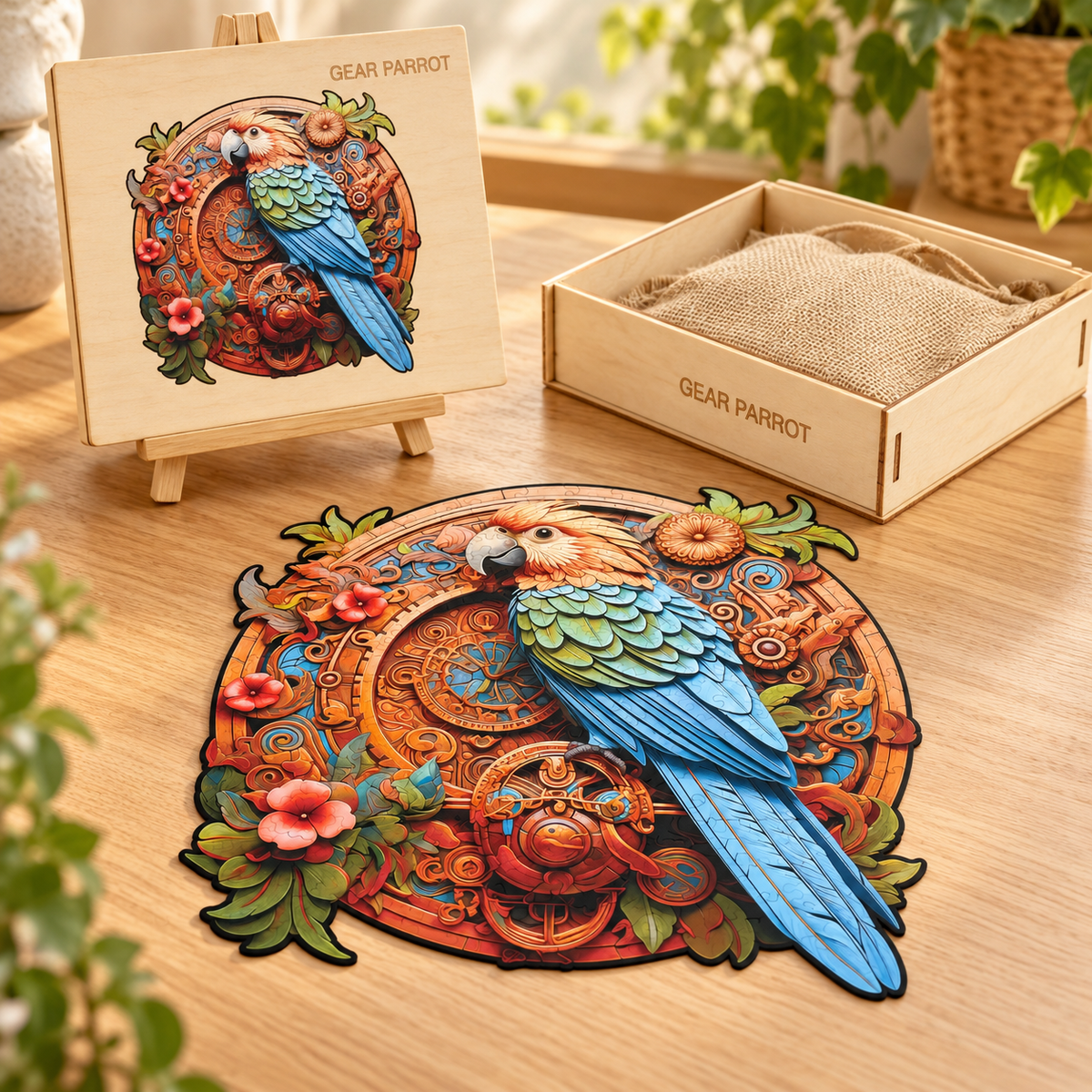 Clockwork Wings Wooden Jigsaw Puzzle – Colorful Parrot & Ornate Gear Art