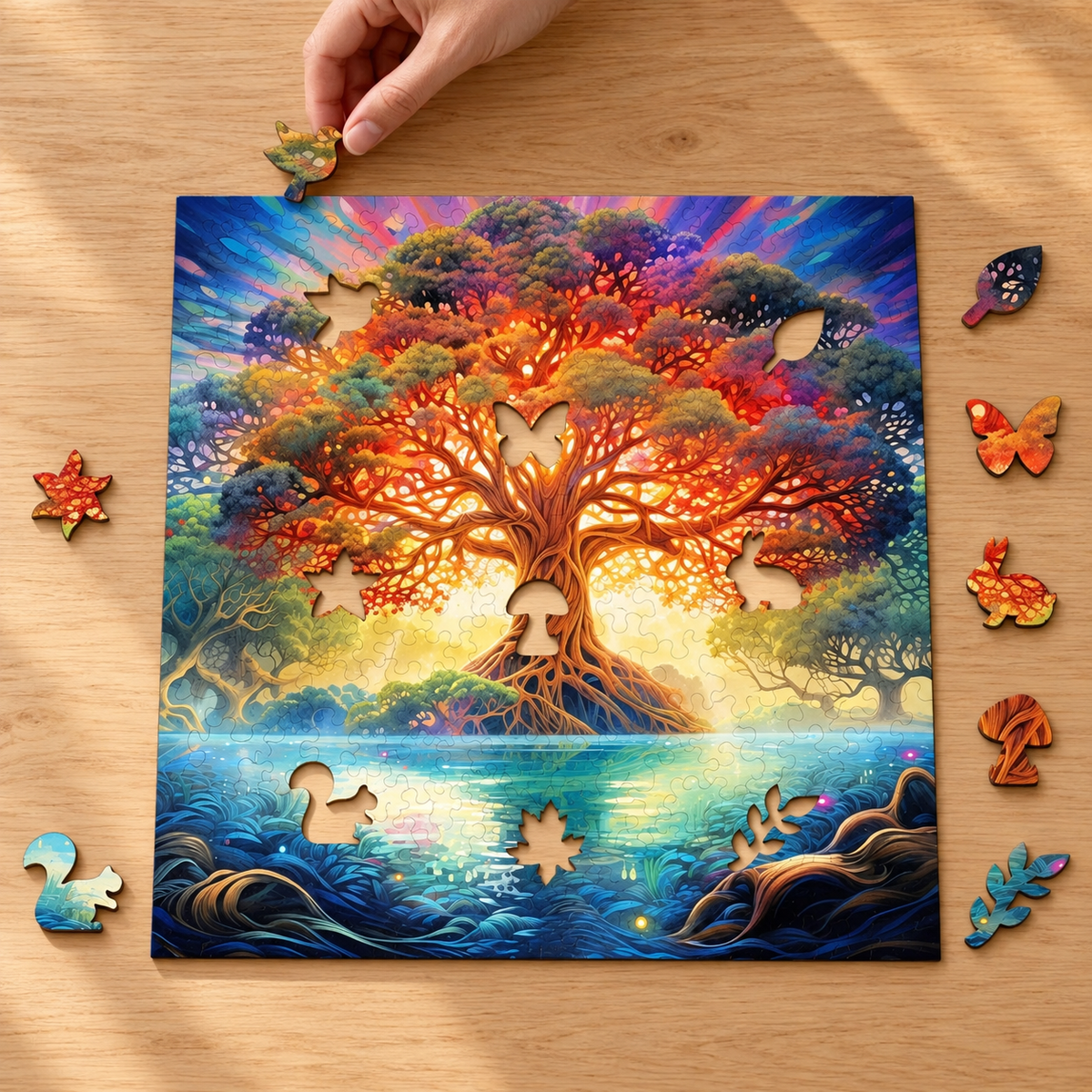 Golden Twilight Tree Wooden Jigsaw Puzzle – Enchanted Forest & Lake Scene