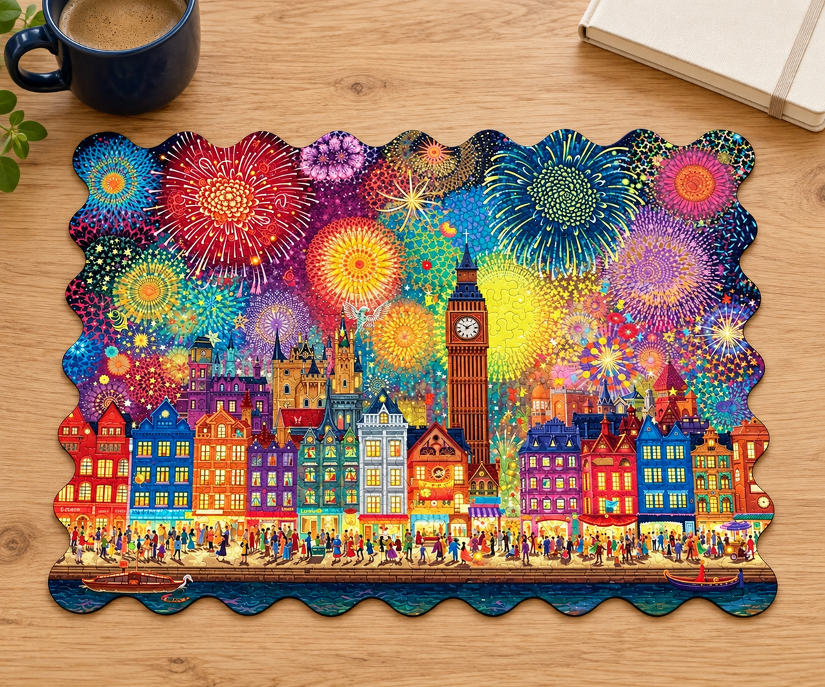 Festival Lights Wooden Jigsaw Puzzle – Fireworks Skyline & Colorful Waterfront City