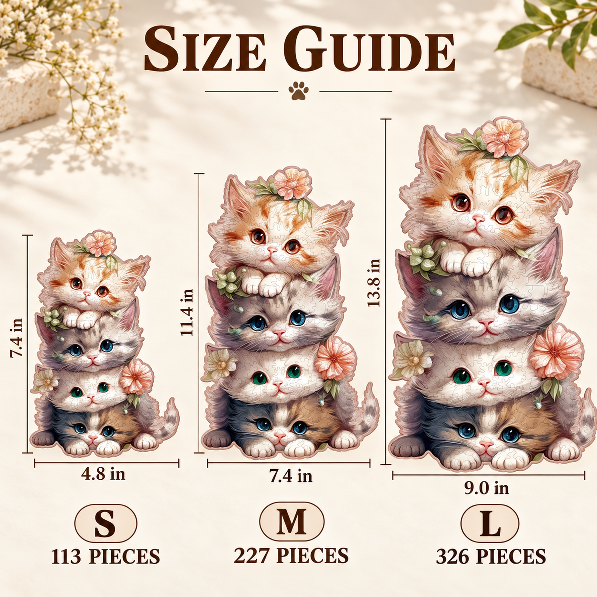 Blossom Kitten Stack Wooden Jigsaw Puzzle – Four Cats & Floral Art