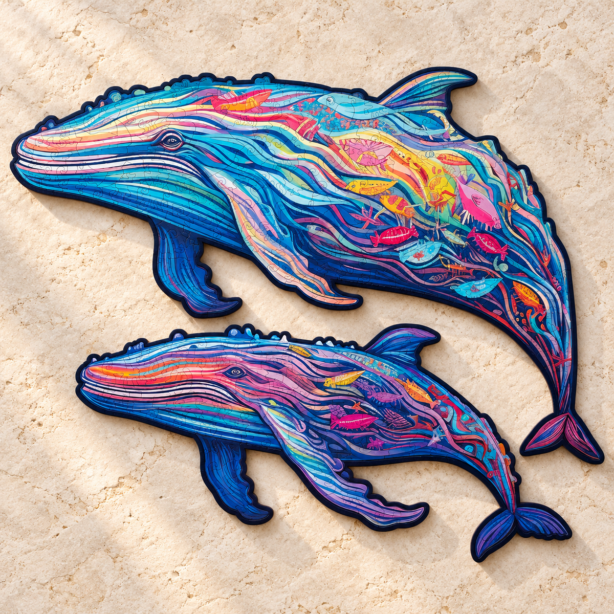Ocean Companions Wooden Jigsaw Puzzle – Colorful Whale & Calf Duo