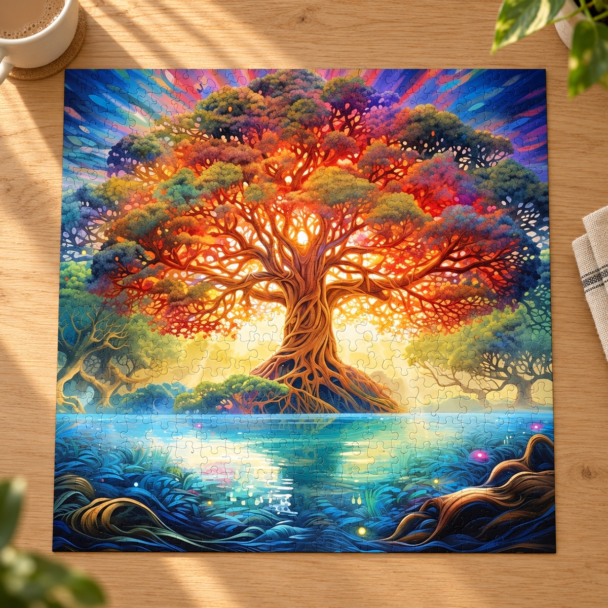 Golden Twilight Tree Wooden Jigsaw Puzzle – Enchanted Forest & Lake Scene