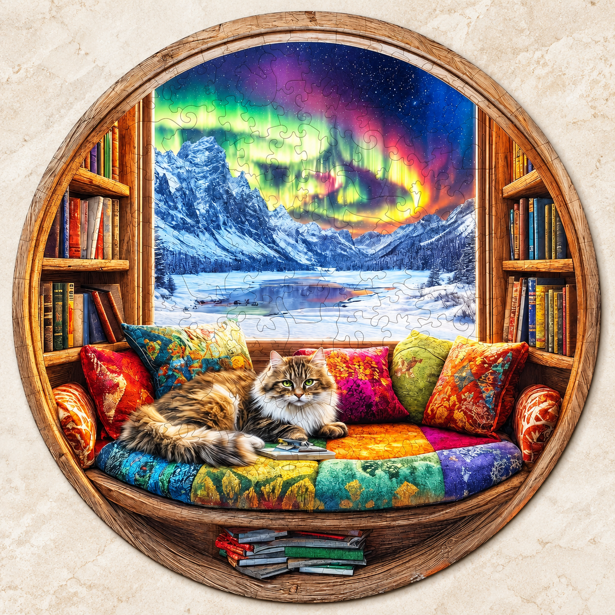 Aurora Reading Nook Wooden Jigsaw Puzzle – Cozy Cat & Bookshelf Scene