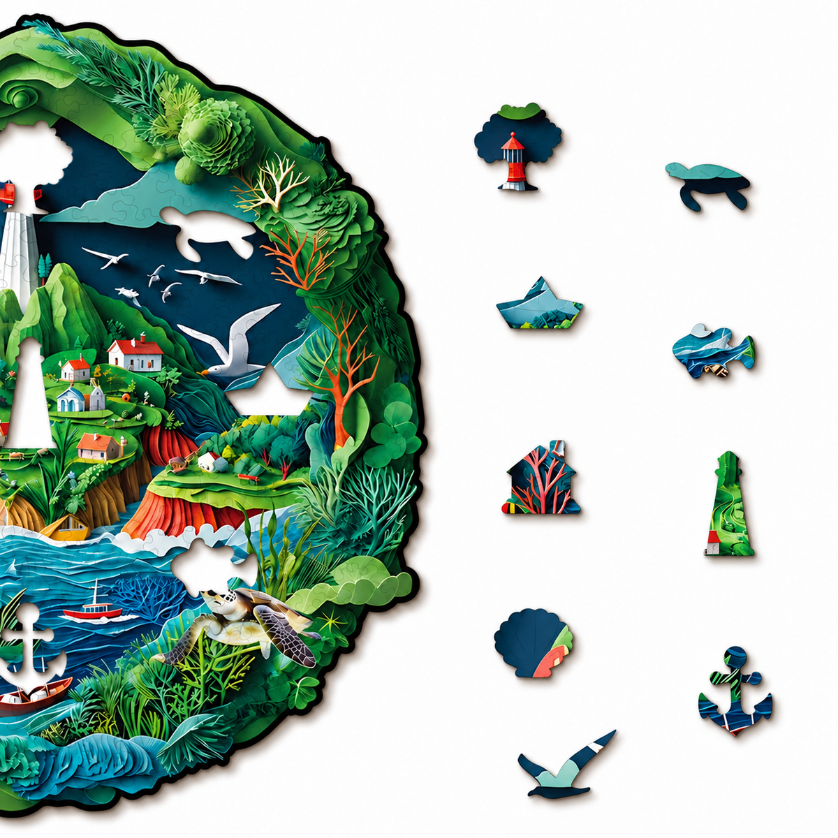 Lighthouse Cove Wooden Jigsaw Puzzle – Coastal Village & Ocean Wildlife