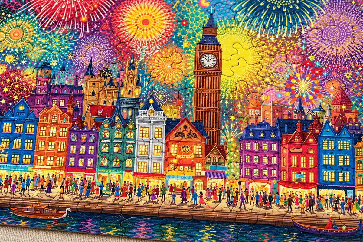 Festival Lights Wooden Jigsaw Puzzle – Fireworks Skyline & Colorful Waterfront City