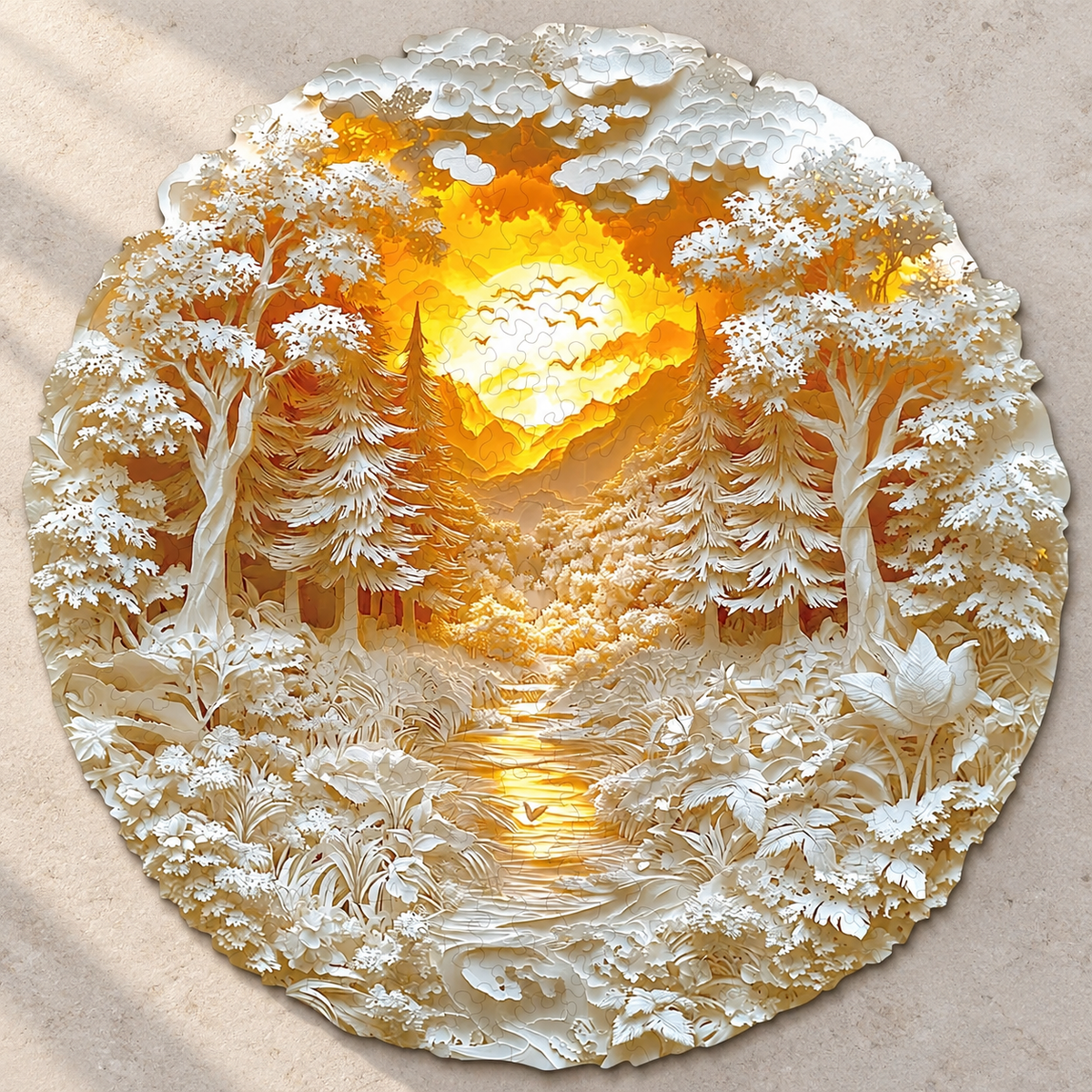 Golden Woodland River Wooden Jigsaw Puzzle – Sunset Forest & Ivory Foliage Art