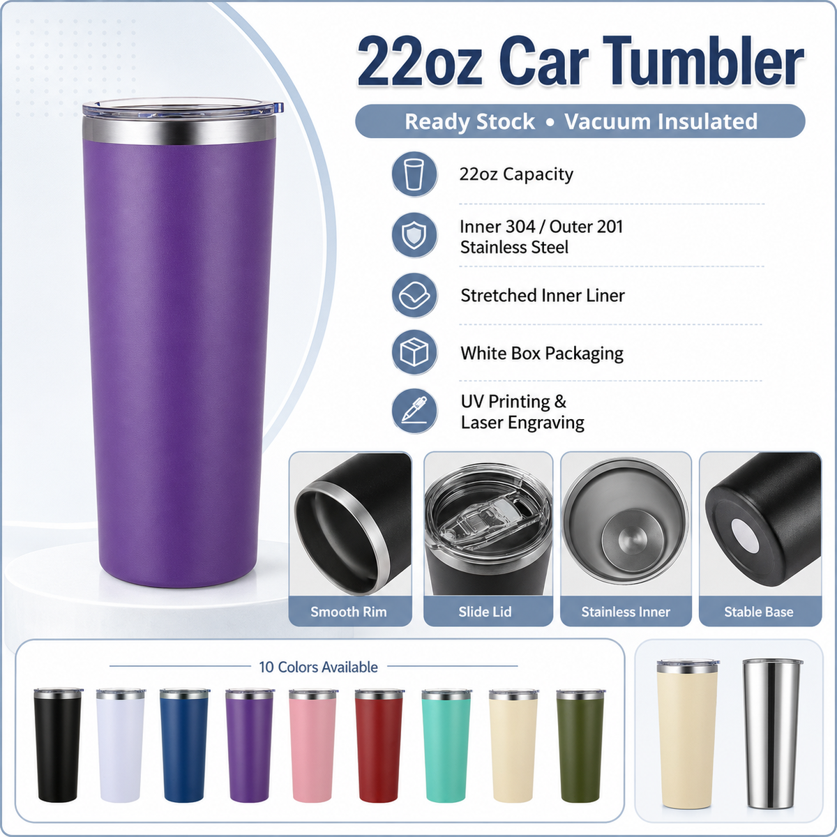 22oz Custom Logo Stainless Steel Car Tumbler