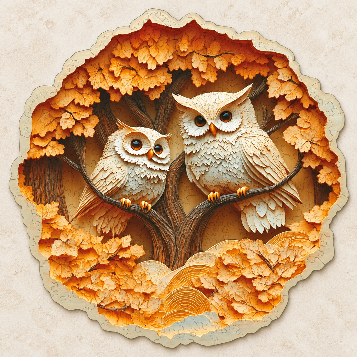 Autumn Owl Companions Wooden Jigsaw Puzzle – Parent & Owlet Woodland Art