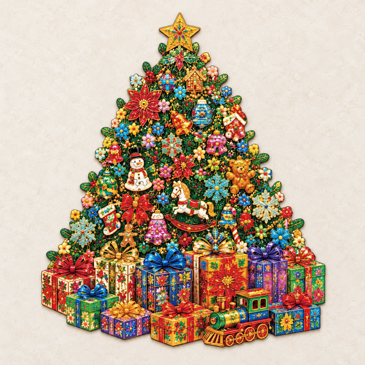Festive Treasures Wooden Jigsaw Puzzle – Christmas Tree, Ornaments & Gifts