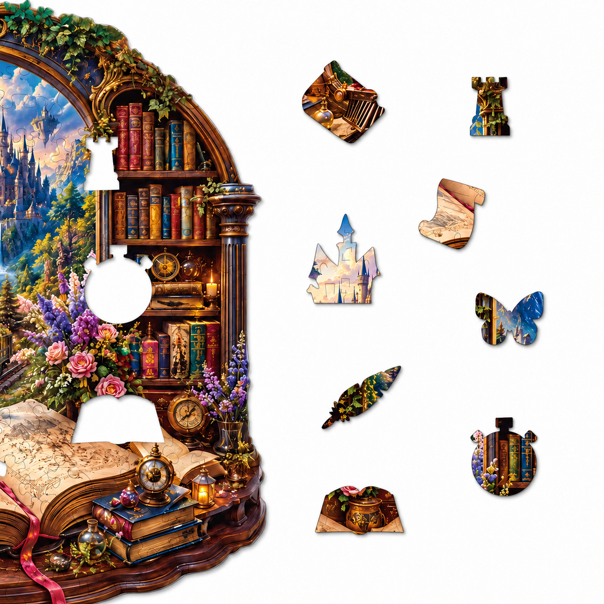 Enchanted Library Express Wooden Jigsaw Puzzle – Fantasy Castle & Steam Train