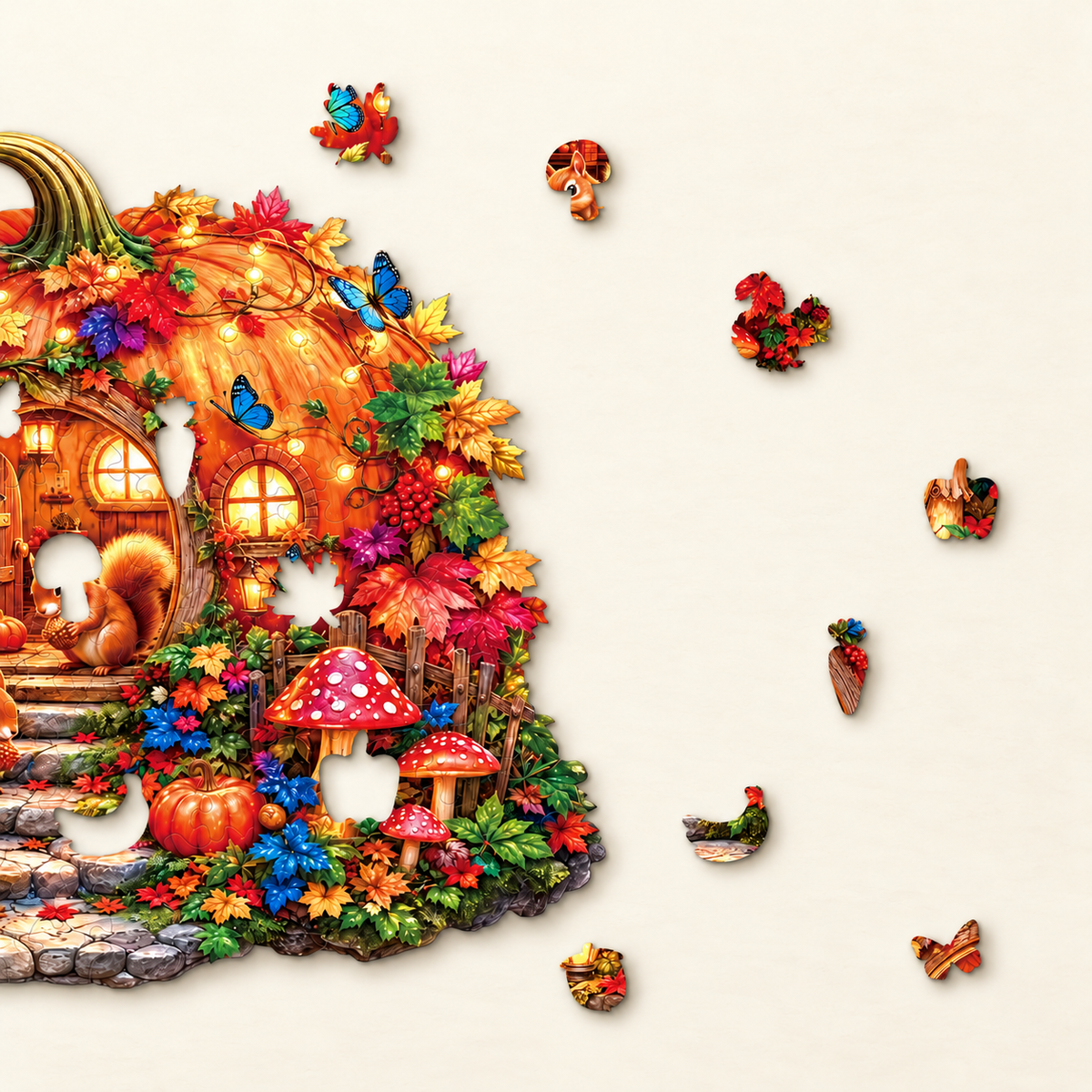 Autumn Squirrel Hideaway Wooden Jigsaw Puzzle – Enchanted Pumpkin Cottage