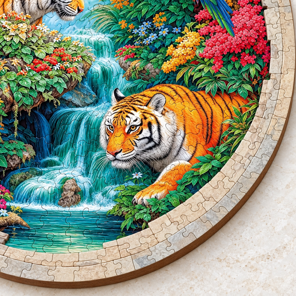 Hidden Jungle Falls Wooden Jigsaw Puzzle – Tigers & Tropical Parrots