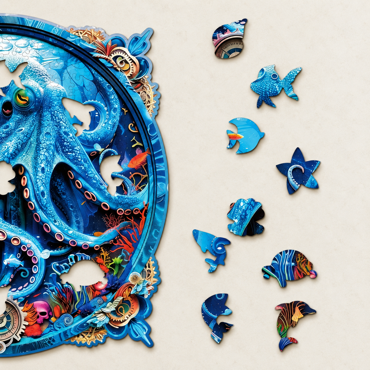 Azure Abyss Wooden Jigsaw Puzzle – Octopus & Ornate Underwater Art