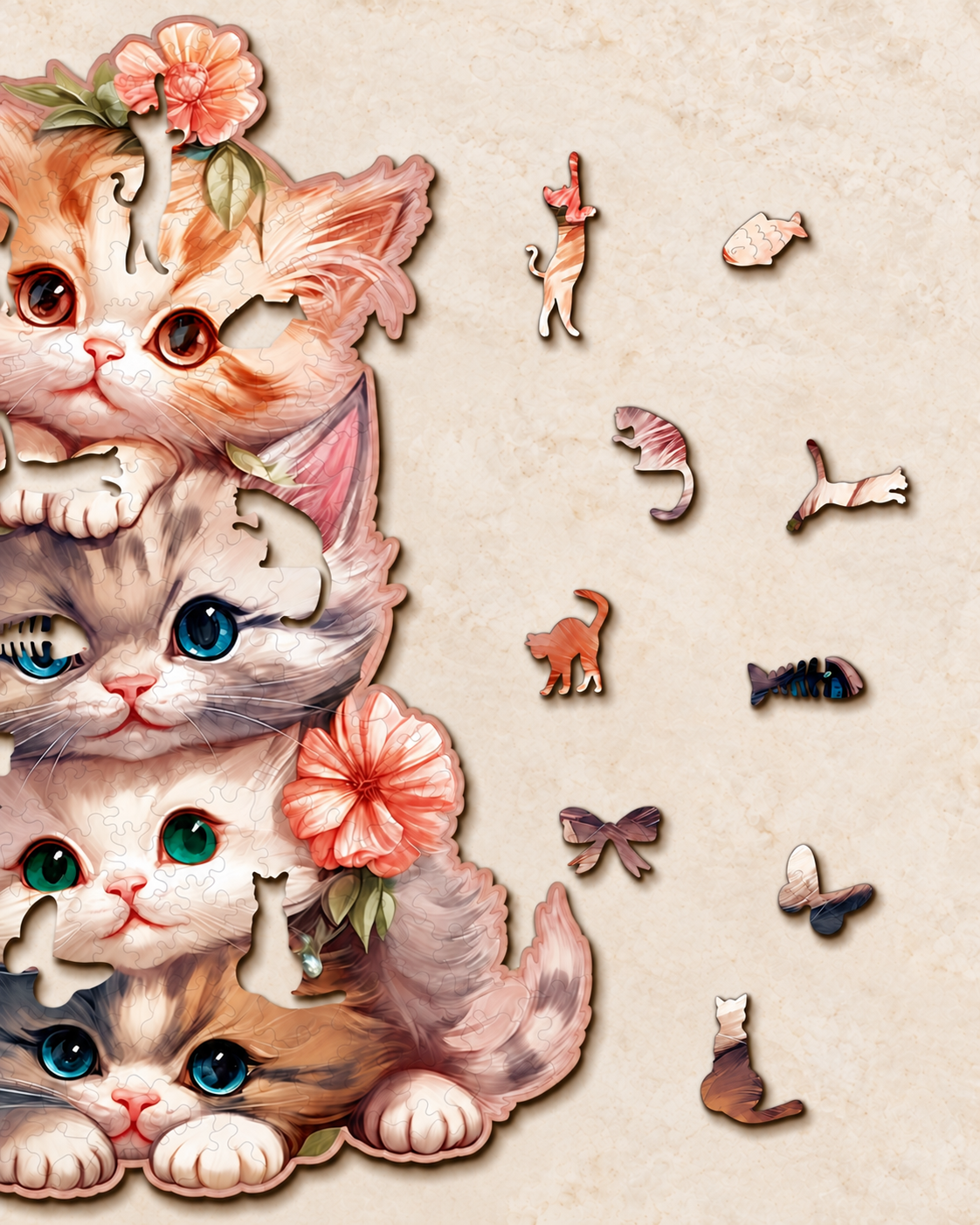 Blossom Kitten Stack Wooden Jigsaw Puzzle – Four Cats & Floral Art