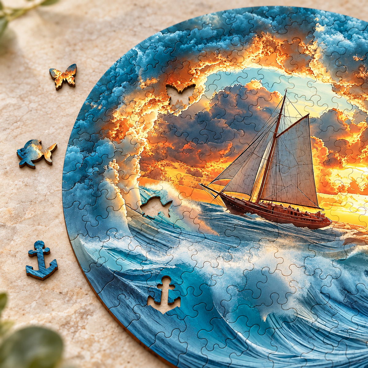 Sunset Voyage Round Wooden Jigsaw Puzzle
