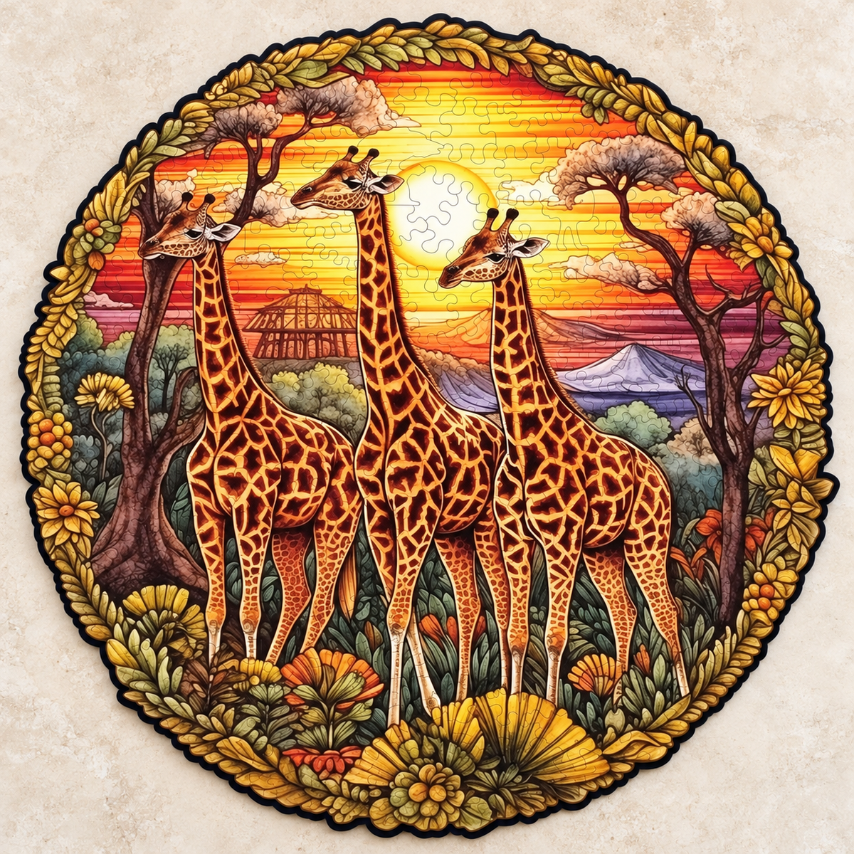 Savanna Sunset Giraffe Family Wooden Jigsaw Puzzle
