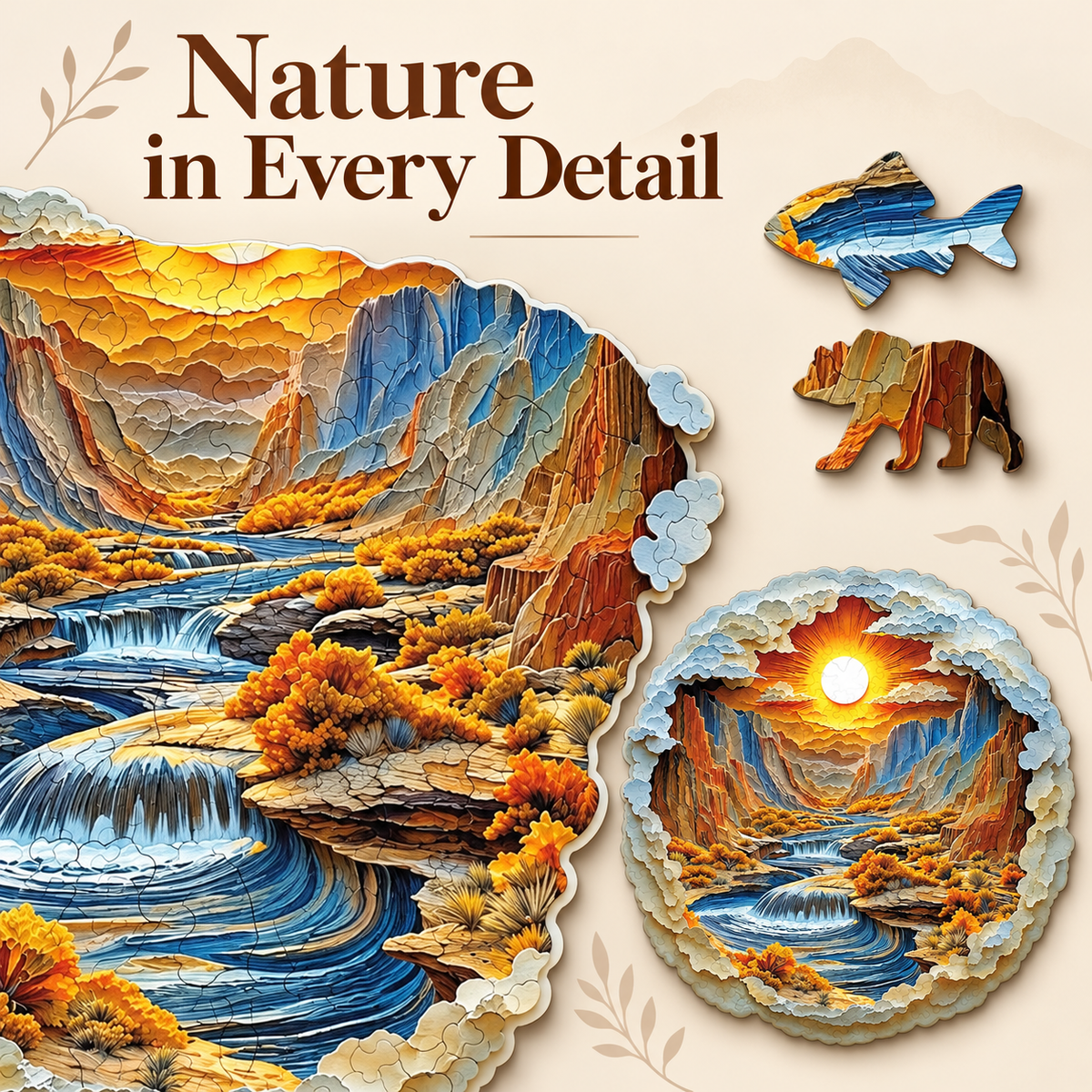 Golden Canyon Waterfalls Wooden Jigsaw Puzzle with 3D Visual Effect