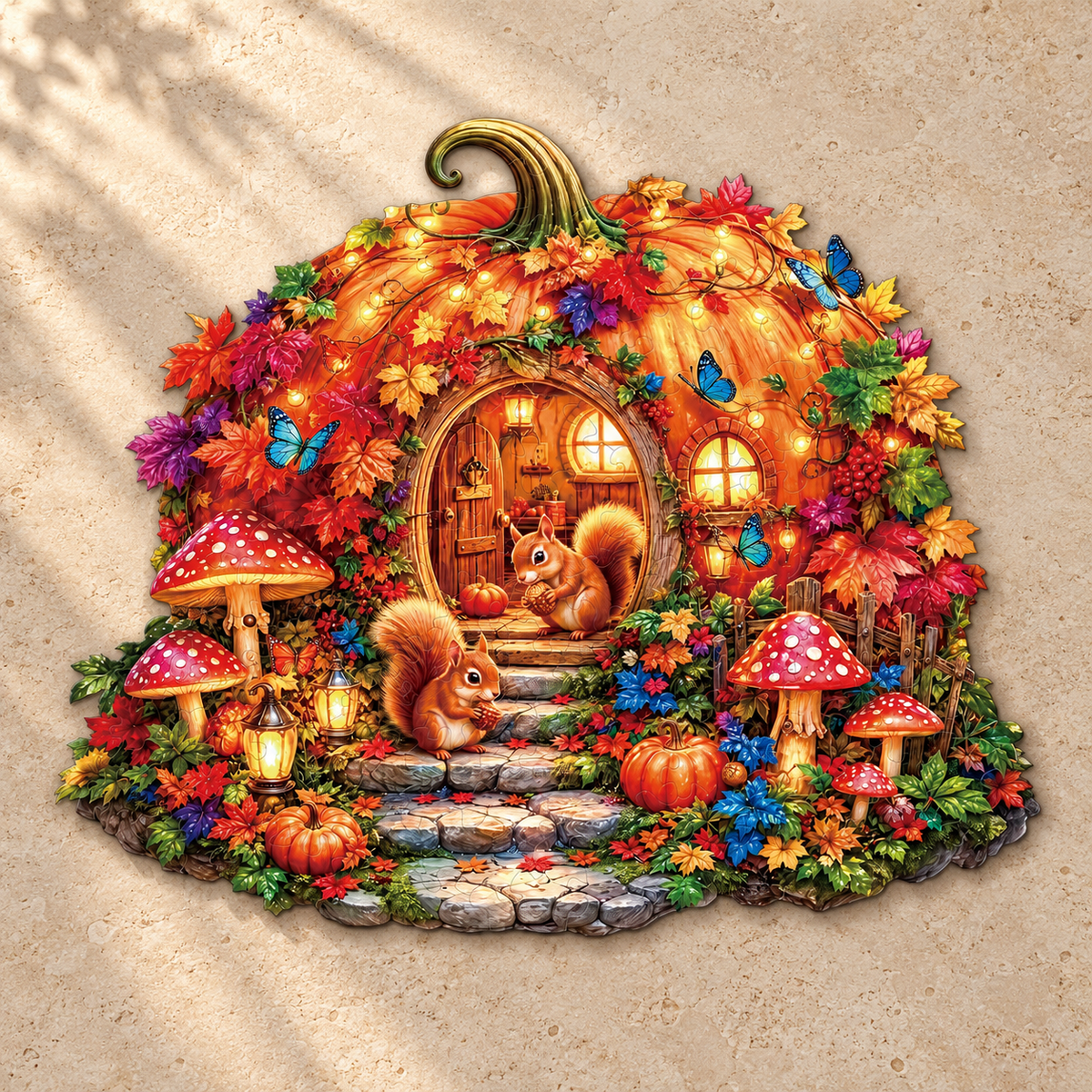 Autumn Squirrel Hideaway Wooden Jigsaw Puzzle – Enchanted Pumpkin Cottage