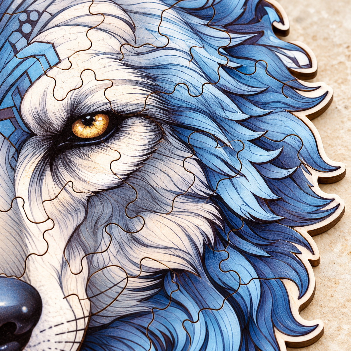 Frost Guardian Wooden Jigsaw Puzzle – Blue Wolf Portrait with Golden Eyes