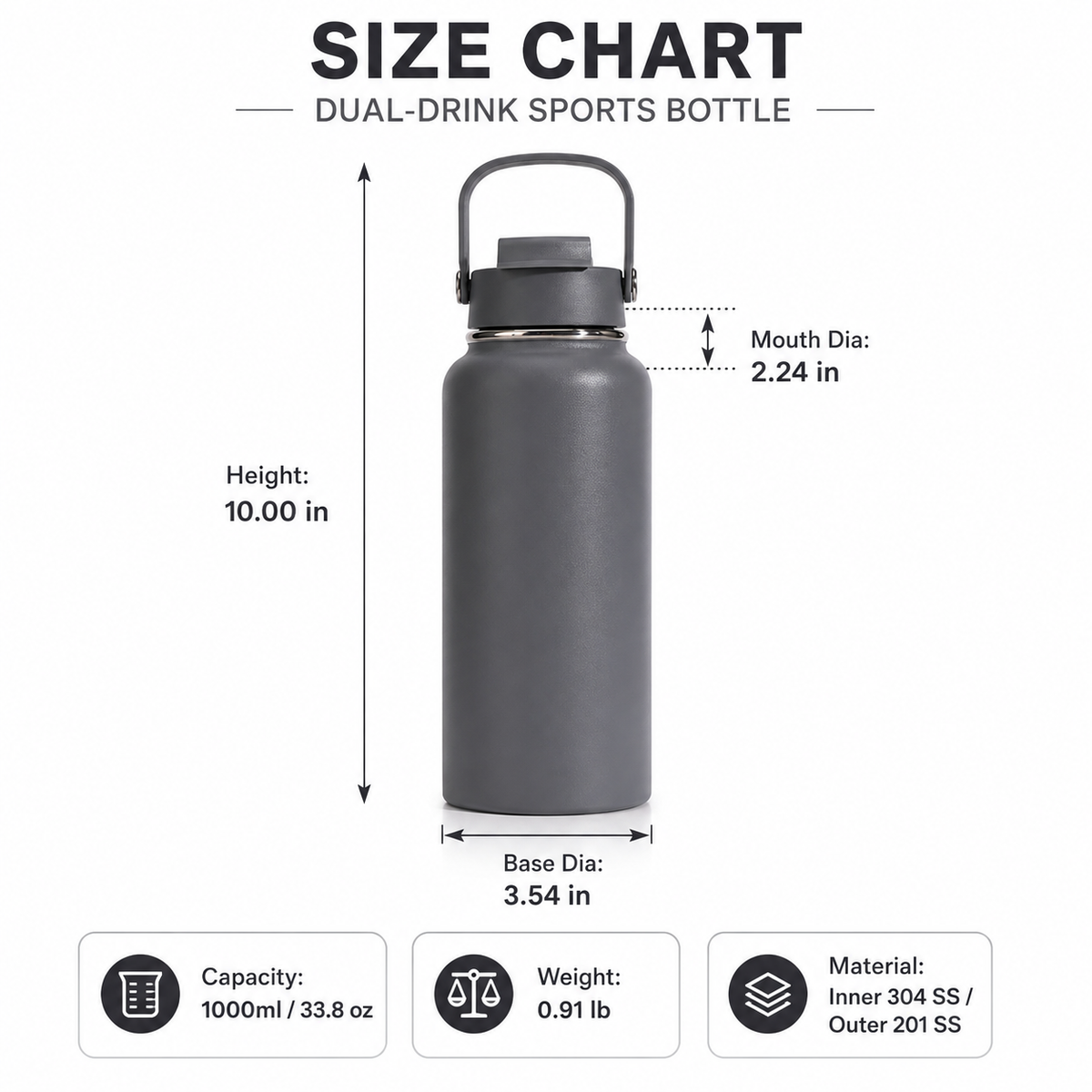 Custom Stainless Steel Sports Water Bottle 1000ml