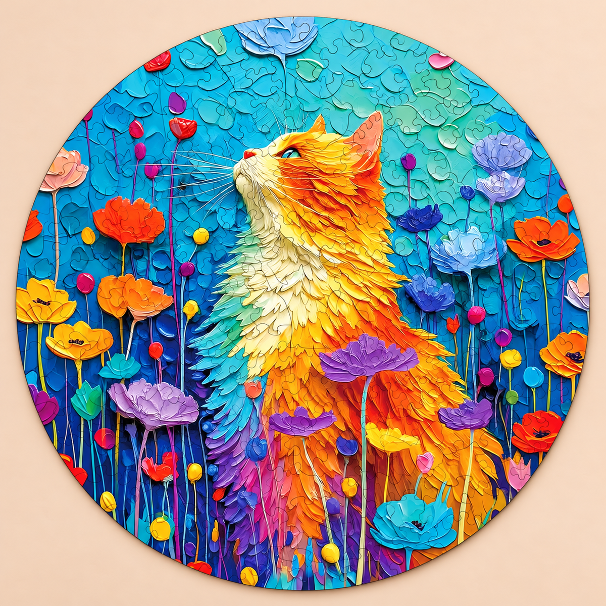 Wildflower Whiskers Wooden Jigsaw Puzzle – Colorful Cat & Floral Garden Art
