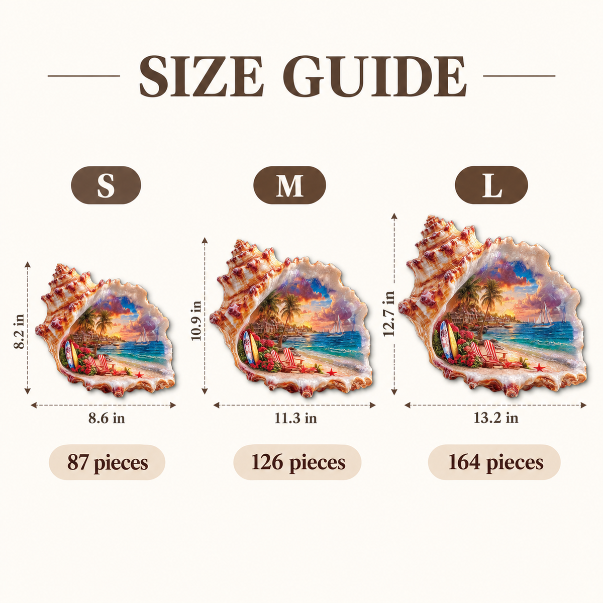 Seashell Sunset Escape Wooden Jigsaw Puzzle – Tropical Beach & Sailboat Scene