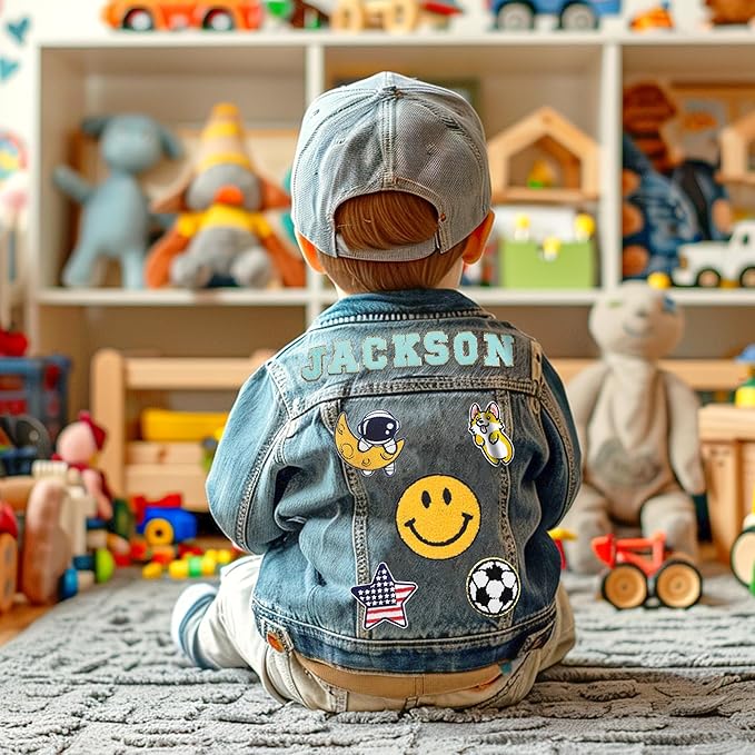 Custom Kids Denim Patch Jacket with Personalized Name and Tags - Giftula