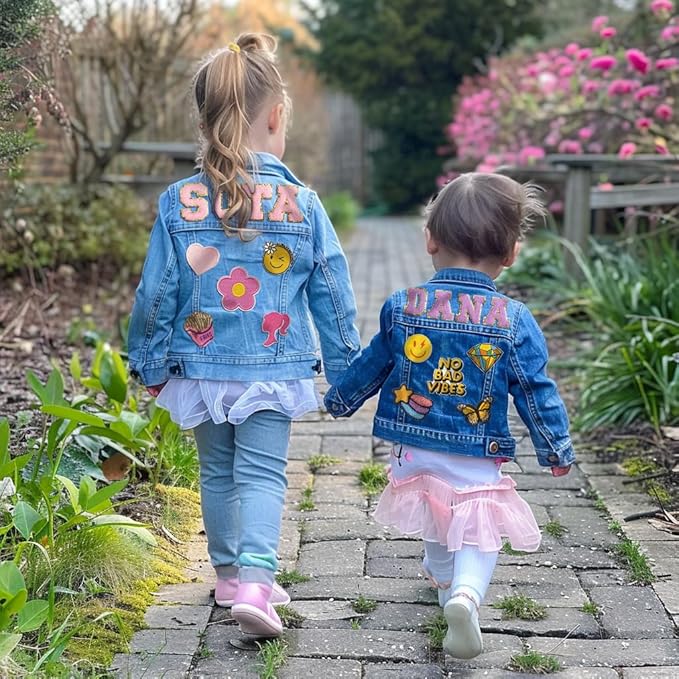 Custom Kids Denim Patch Jacket with Personalized Name and Tags - Giftula
