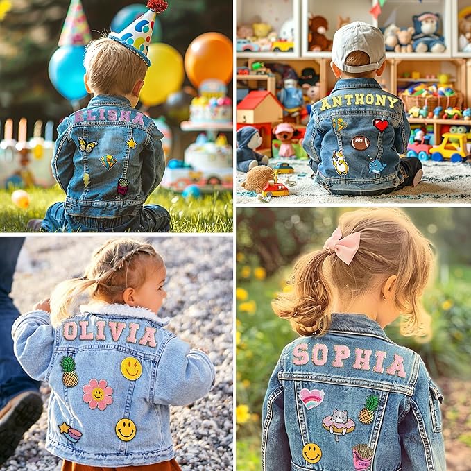 Custom Kids Denim Patch Jacket with Personalized Name and Tags - Giftula
