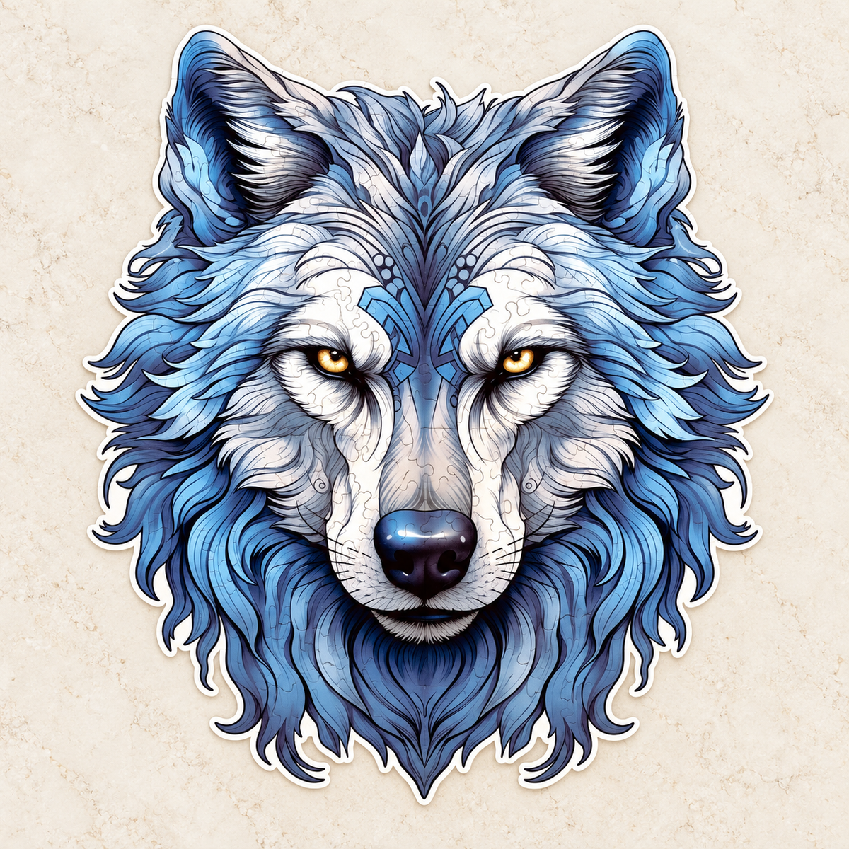 Frost Guardian Wooden Jigsaw Puzzle – Blue Wolf Portrait with Golden Eyes