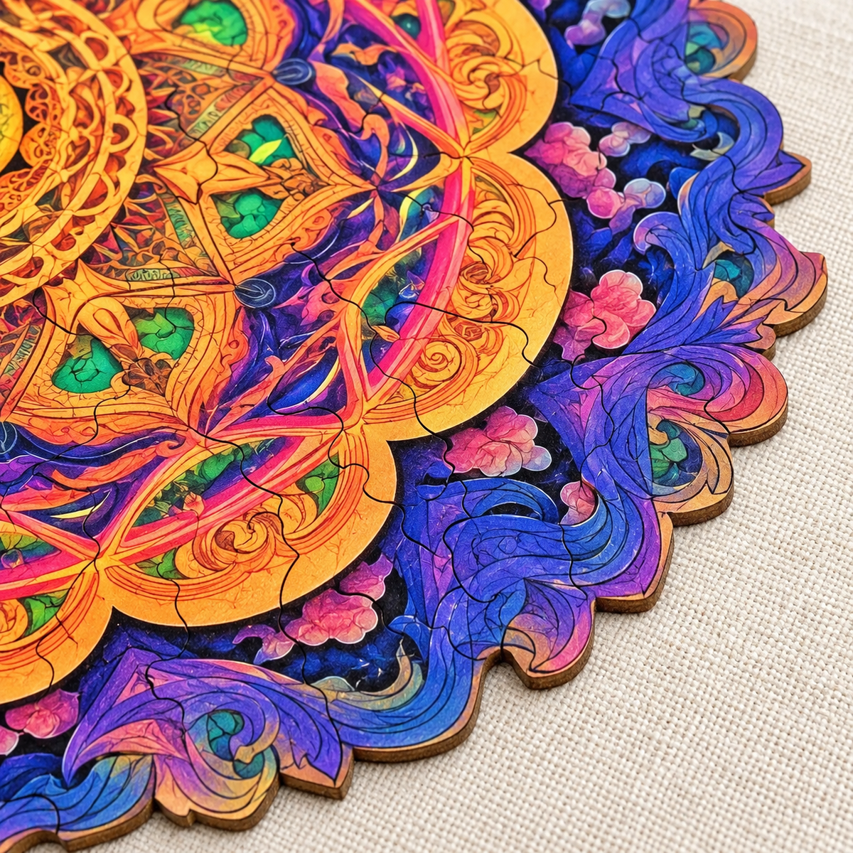 Radiant Harmony Mandala Wooden Jigsaw Puzzle – Colorful Geometric Art