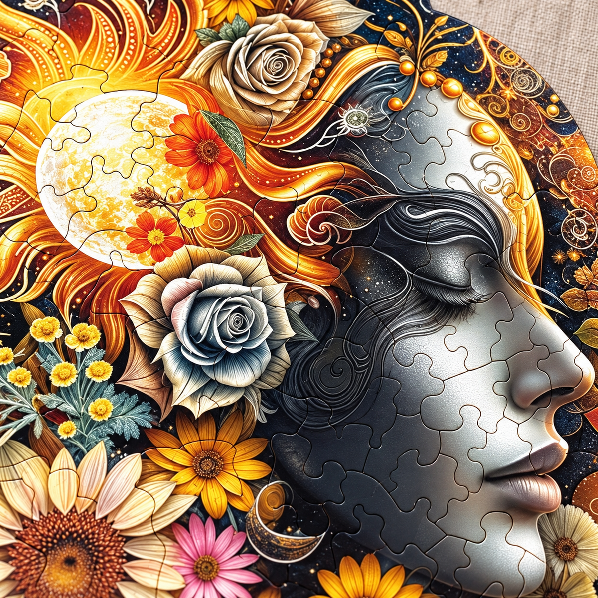 Celestial Bloom Wooden Jigsaw Puzzle – Moon Goddess, Golden Sun & Floral Art