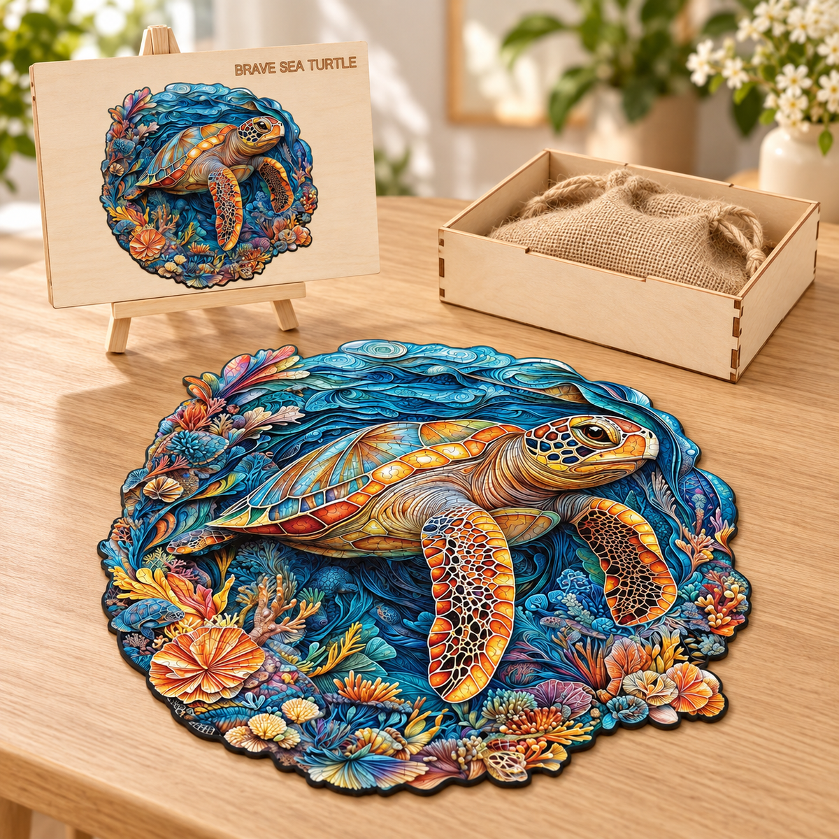 Coral Current Sea Turtle Wooden Jigsaw Puzzle – Colorful Ocean Art