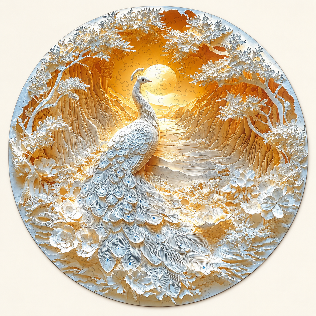 Golden Dawn Peacock Wooden Jigsaw Puzzle – White Feather & Floral Landscape Art