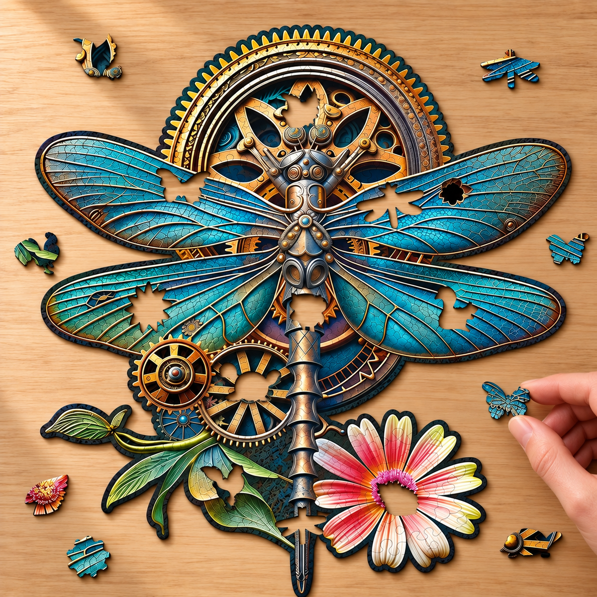Steampunk Dragonfly Wooden Jigsaw Puzzle – Turquoise Wings & Vintage Gears