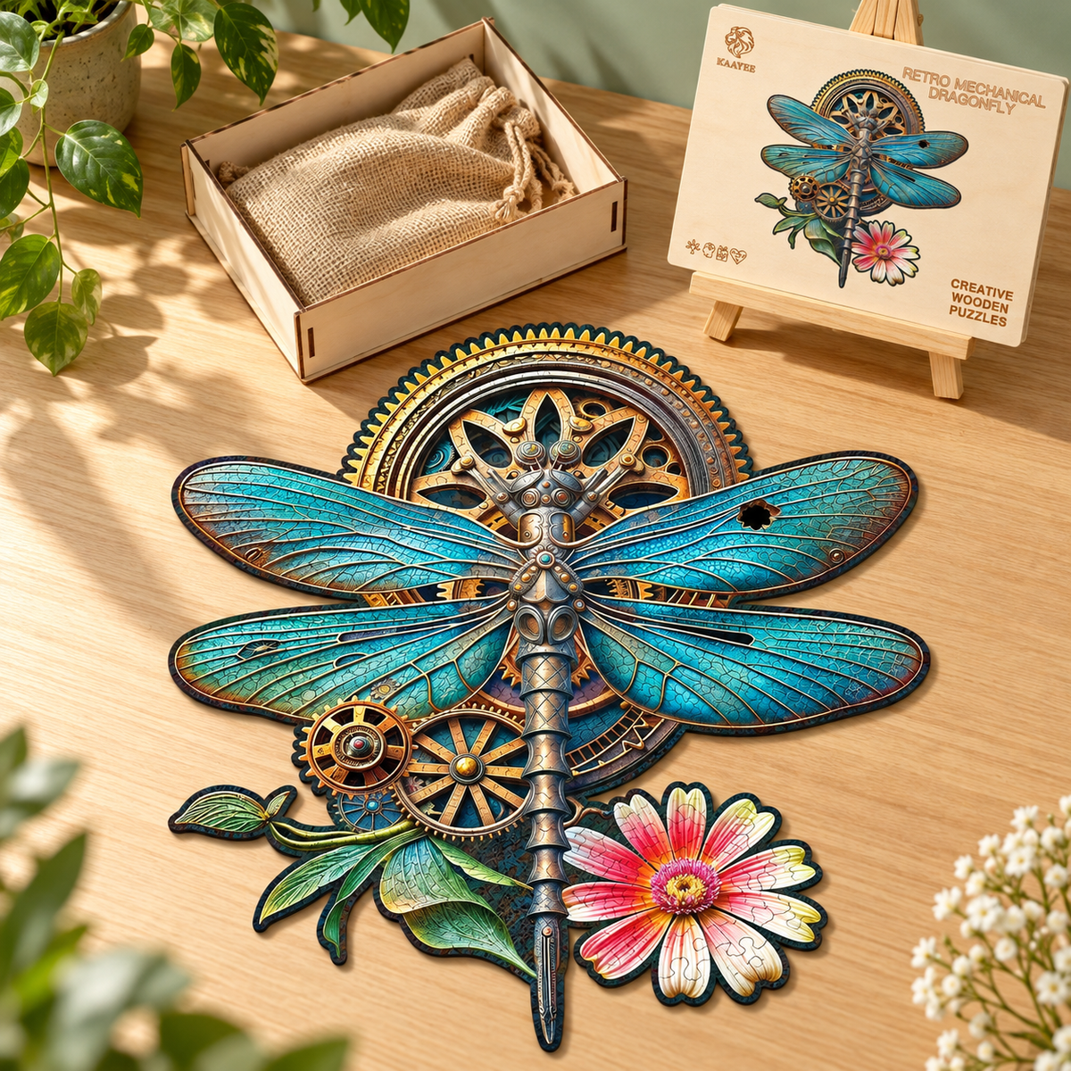 Steampunk Dragonfly Wooden Jigsaw Puzzle – Turquoise Wings & Vintage Gears